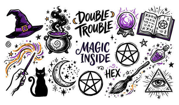 Mystical witchy doodles featuring magic potions, witch hats, crystals, moons, stars, cats, magical symbols, and enchanted elements in a whimsical style.