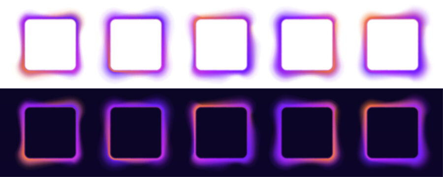 Neon square outline with radiant LED glow and sharp geometric corners. Soft light surrounds the frame with futuristic energy. Transparent PNG effect.