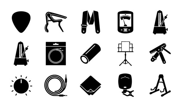Guitar Accessories Icon Set: Picks, Capos, Straps, Tuners, Metronomes, Stands, Cables, and Cleaning Cloths - Vector Graphics for Music Gear