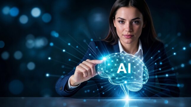 Businesswoman in dark suit touching glowing digital brain hologram labeled AI representing artificial intelligence technology and machine learning innovation concept	