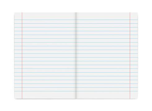 Notebook with graph paper. Blank squared notebook page with red margin lines for writing, studying and notes. Vector