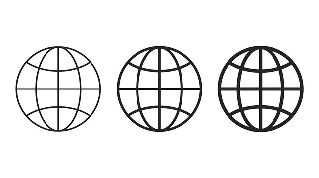 Set of three minimalist globe icons with varying line weights for web and UI design