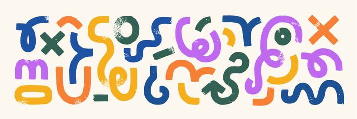 Fototapeta na wymiar Brush stroke shapes, abstract doodle elements, lines and arrow. Abstract brush scribble, paint strokes. Hand-drawn lines, doodle shapes, funky swirls, design elements. Vector illustrations set.