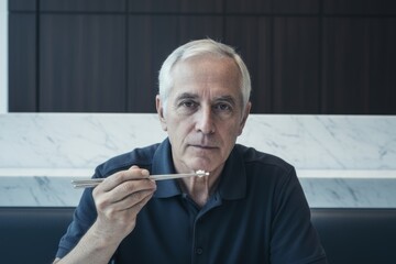 Fototapeta premium Senior Man Holding Chopsticks with Rice in Modern Kitchen
