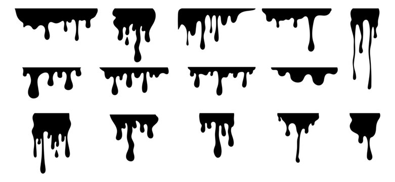 Set of black melting liquid drips and border silhouettes vector graphic illustration with dripping meltdown silhouette chocolate abstract