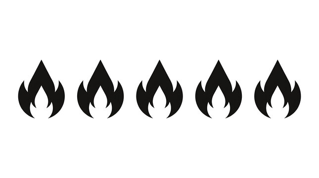 Five minimalist black fire flame silhouettes isolated on a white background