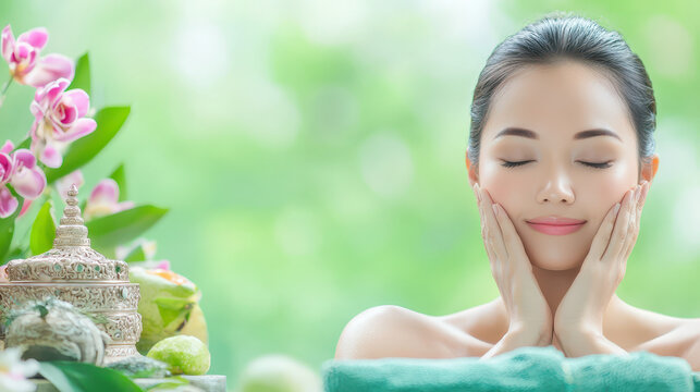 Serene spa moment featuring woman enjoying facial treatment surrounded by flowers and natural elements, radiating tranquility and relaxation