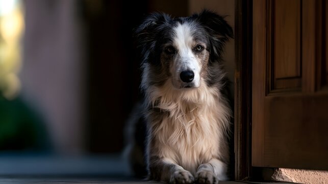 A fluffy black and white dog with alert eyes sits calmly by a wooden doorframe in soft natural light