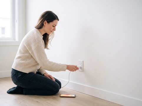 Woman plugging charger into wall outlet to power her smartphone
