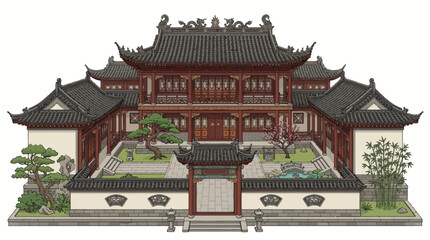 Obraz premium Isometric view of a Korean cultural Hanok home with garden and wooden structure