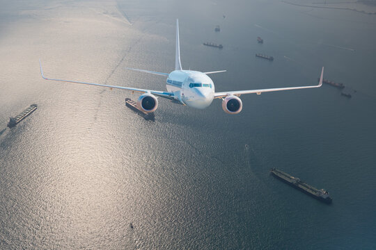 Aerial view, Oil tankers and gas ships waiting in the bay. Waiting to unload oil load from pipeline in the sea to wait for onward transportation.