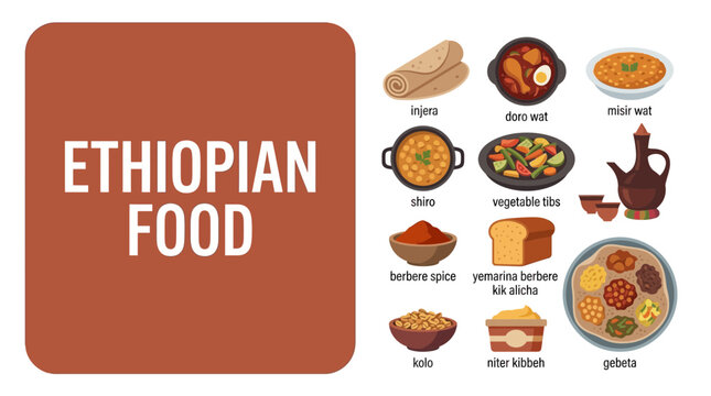 Ethiopian Food Collection Delicious Cuisine Dishes and Ingredients.