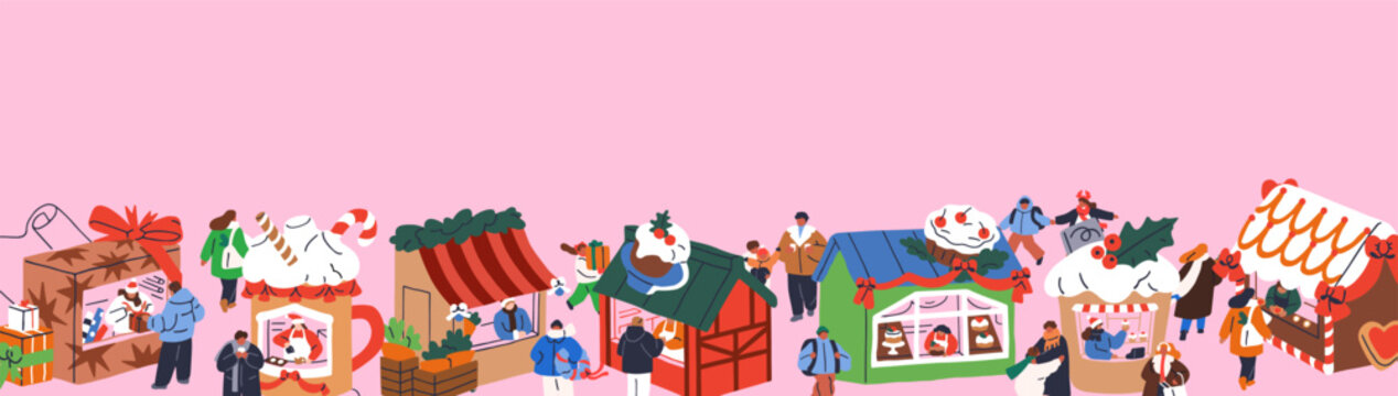 Christmas fair with tiny people and vendors at stalls, festive banner. Seasonal winter holiday background, outdoor market border, horizontal design. Xmas and New Year flat vector illustration.