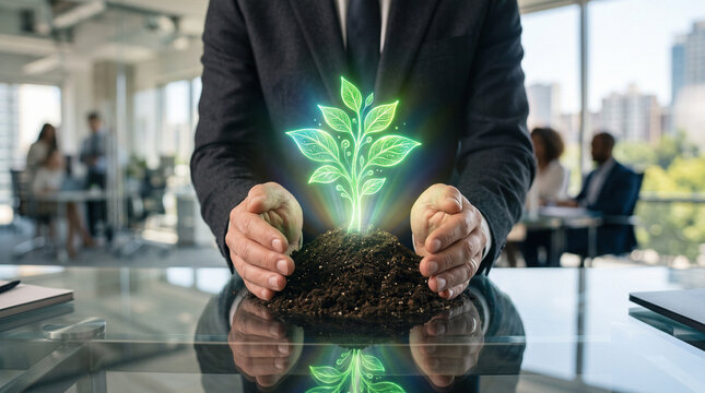 Business person hands holding green plant sprout. Concept of ESG investment, sustainable growth, and environmental responsibility.