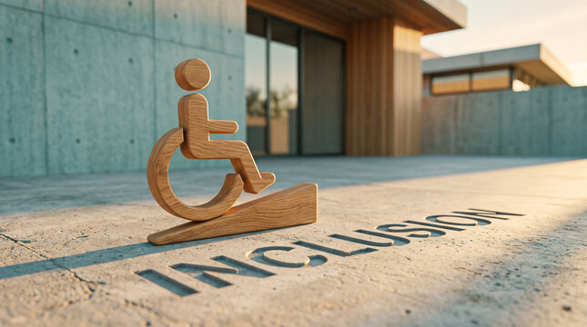 Wooden wheelchair accessibility icon placed on a concrete ramp with the word inclusion carved underneath with inclusion engraved ground wheelchair symbol rests