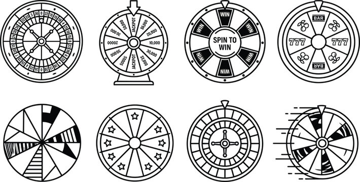 Fortune Wheel and Casino Roulette Icon Set with Lucky Spin to Win Game Line Art Symbols