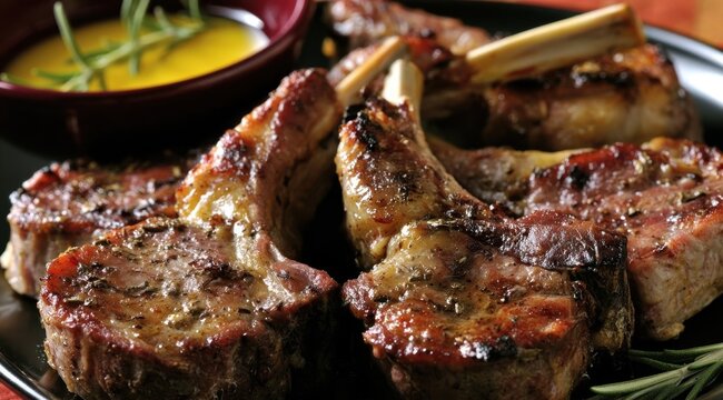 Grilled lamb chops arranged on a dark plate with a small bowl of herb-infused sauce nearby