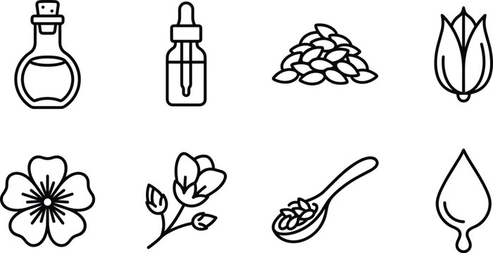 Natural Seed Oil and Botanical Extract Line Icon Set with Dropper Bottle Spoon and Sesame Seeds Symbols