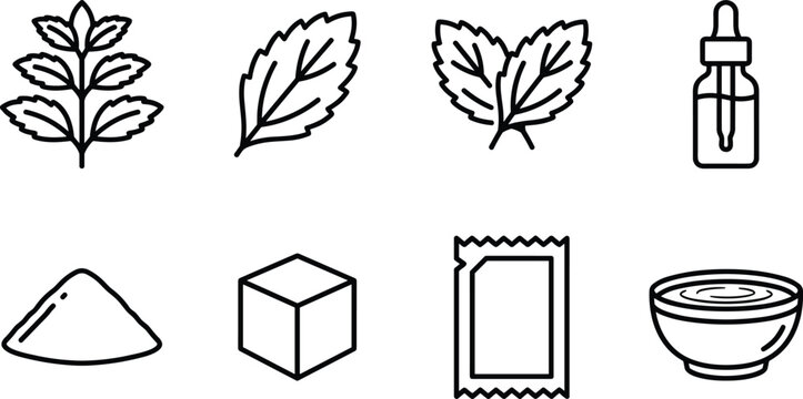 Natural Sweetener and Mint Stevia Leaf Line Icon Set with Sugar Cube Dropper Bottle and Bowl Symbols