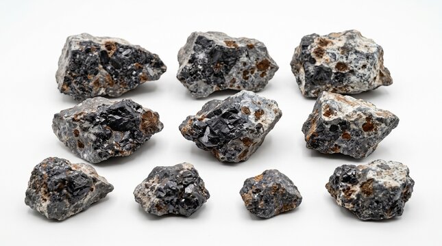 A realistic collection of zinc materials featuring raw zinc ore, sphalerite, smithsonite, crushed ore, mineral concentrate, zinc pellets, refined zinc ingots, metal fragments, and recycled scrap. Isol