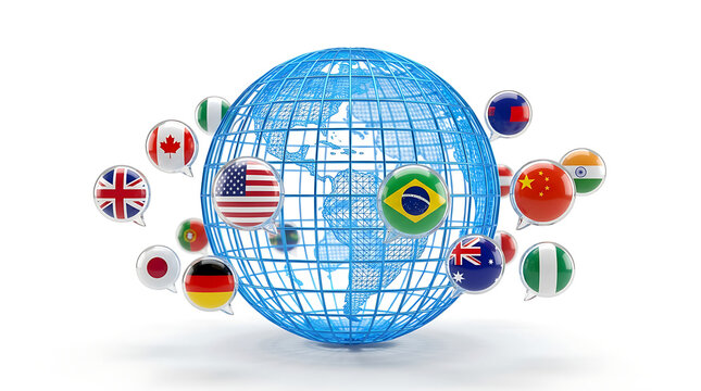 Digital globe with international flags representing global communication and world connectivity.