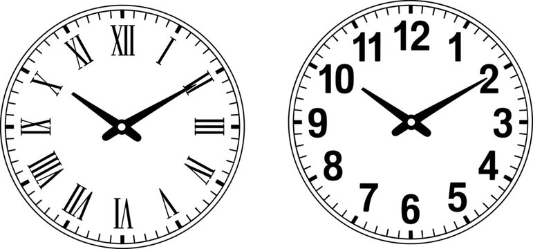 Classic round wall clock face vector set with Roman and Arabic numerals isolated on a white background.