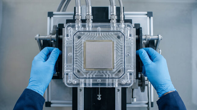 Scientist handles advanced technology module with intricate grid for research.