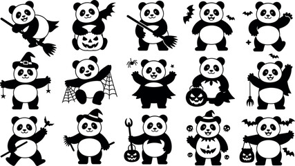 Fototapeta premium Cute Halloween Panda Silhouettes Set with Witches Brooms Pumpkins and Bats for Vector Design