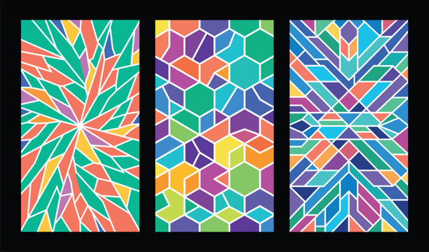 Colorful Geometric Abstract Vector Background Set with Stained Glass Hexagon Mosaic and Radial Symmetrical Patterns