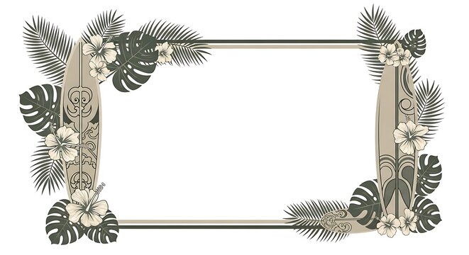 Vintage surf frame with tropical flowers and palm leaves in retro style isolated on white background
