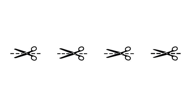 Set of four different black scissor icons with cut lines isolated on a white background.