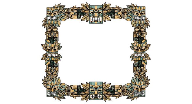 Intricate decorative frame with tribal mask patterns, ethnic inspired border design. Ancient cultural graphic element with unique carved wood effect, ideal for illustrations and backgrounds