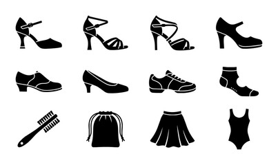 Fototapeta premium 12 Diverse Footwear and Apparel Icons, Vector Set: Elegant Heels, Sneakers, Skirt, Swimsuit, Brush, Bag for Fashion and Dance