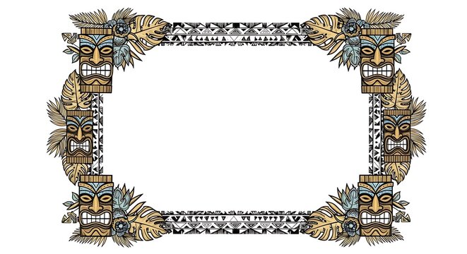 Polynesian Tiki Mask Tribal Border Frame with Tropical Leaves and Ethnic Geometric Pattern Design