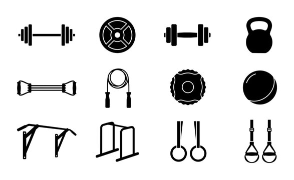 Fitness Equipment Icons Set, Gym Workout Gear Vector Graphics, Strength Training Tools Collection, Black and White Silhouette Illustrations
