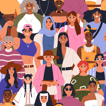 Diverse people, woman crowd, multicultural characters pattern. Seamless pattern, different girls community, happy society. Diverse multiracial members, multicultural crowd. Vector illustration.