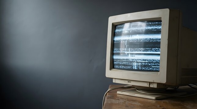 An old computer monitor sits on a wooden table with static displayed on the screen. The room is dimly lit, highlighting the vintage technology. The wall behind is plain and dark