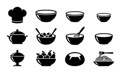 Obraz premium Kitchen Utensils Vector Icons Set: Chef Hat, Bowls, Pots, Salad, Whisk, Candy Dish, Fruit Bowl, Pasta, Culinary Equipment, Cooking Tools, Food Preparation, Black and White Graphics