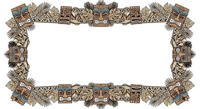 Tribal Tiki Mask Border Design Exotic Island Theme Frame Illustration