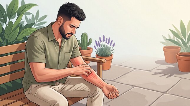 Itchy skin rash on man arm, allergic reaction in garden setting. Male scratching red irritated skin, dermatology health concept.