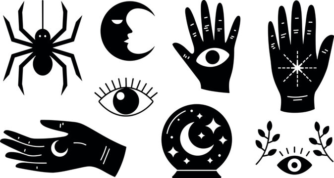 Mystical Esoteric and Magic Symbols Set with Hands Crescent Moon Crystal Ball and Spider Vector