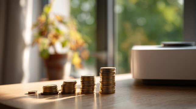 Stacks of coins increasing in height on sunlit wooden table with blurred potted plant and warm bokeh highlights