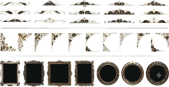 Set of decorative vintage gold frames, ornate floral borders, corner elements and scroll dividers in elegant Thai style.