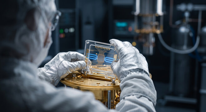 Researcher examines microchip in cryogenic chamber for quantum computing experiment.