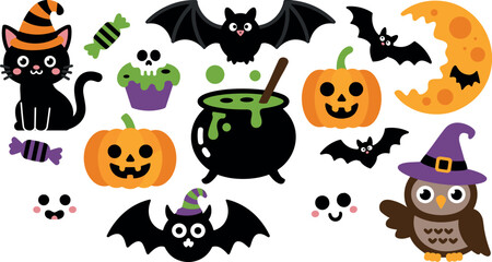 Obraz premium Cute Halloween Vector Set Cartoon Black Cat Pumpkin Bat Owl Cauldron Elements Collection for Kids Party Decoration
