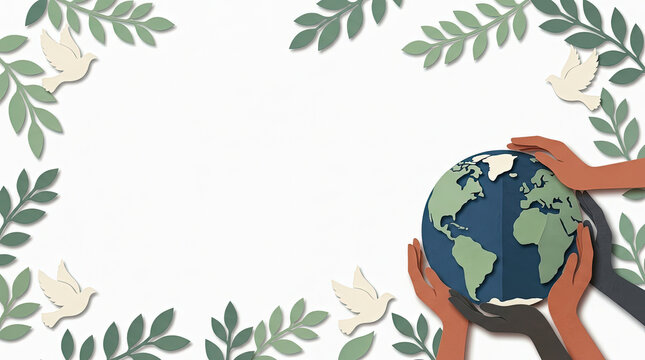 Diverse hands cradling the earth with white doves and green leaves. International Day of Action Against Nuclear Testing concept. Global unity and peace banner