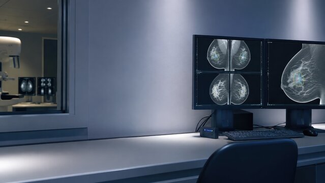 Mammography images displayed on diagnostic monitors, breast cancer screening concept for radiology and healthcare