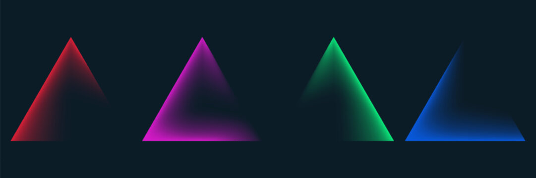 Set of abstract modern triangle frames with colorful neon gradient glow on dark background
