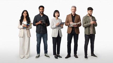 Obraz premium Diverse Creative Design Team of Five Full Body Professionals Isolated on White Background – Modern Collaboration Concept