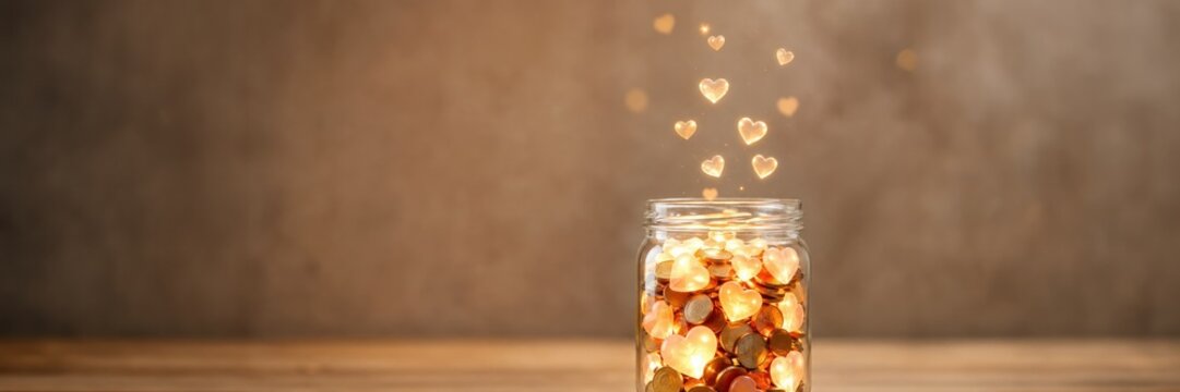 Glowing coin jar with floating hearts, creator support and donation concept for online communities with copy space